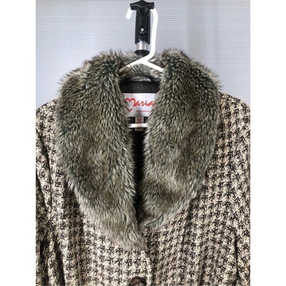 MARIA DIONISIOU Vintage Wool Blend Houndstooth Faux Fur Coat Sz 1X (US 14X -16X) - Picture 2 of 9